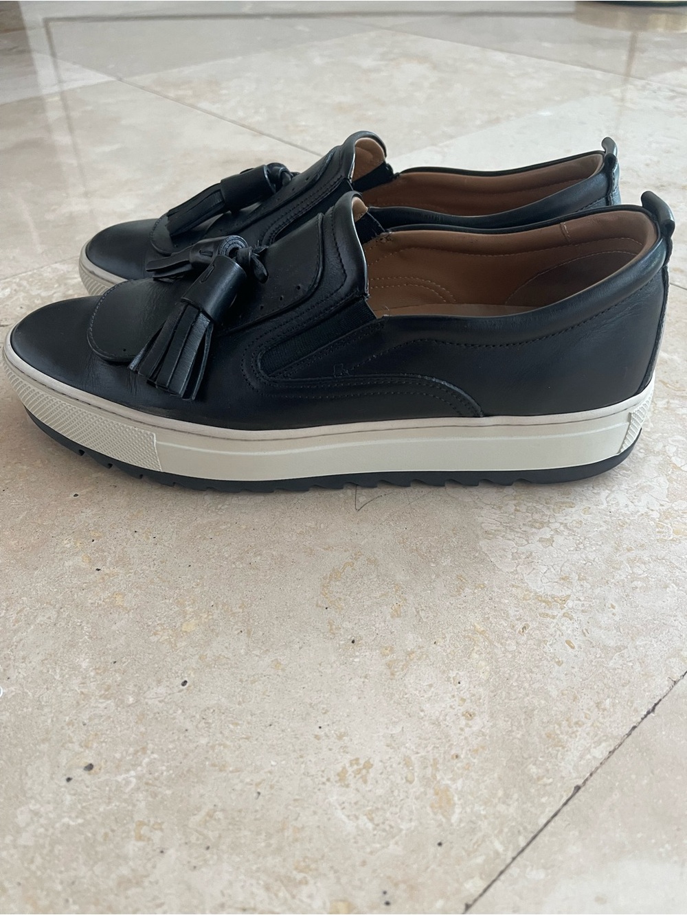 Salvatore Ferragamo Black Leather Tassel Slip-On Loafers with White Outsole - Picture 3 of 8
